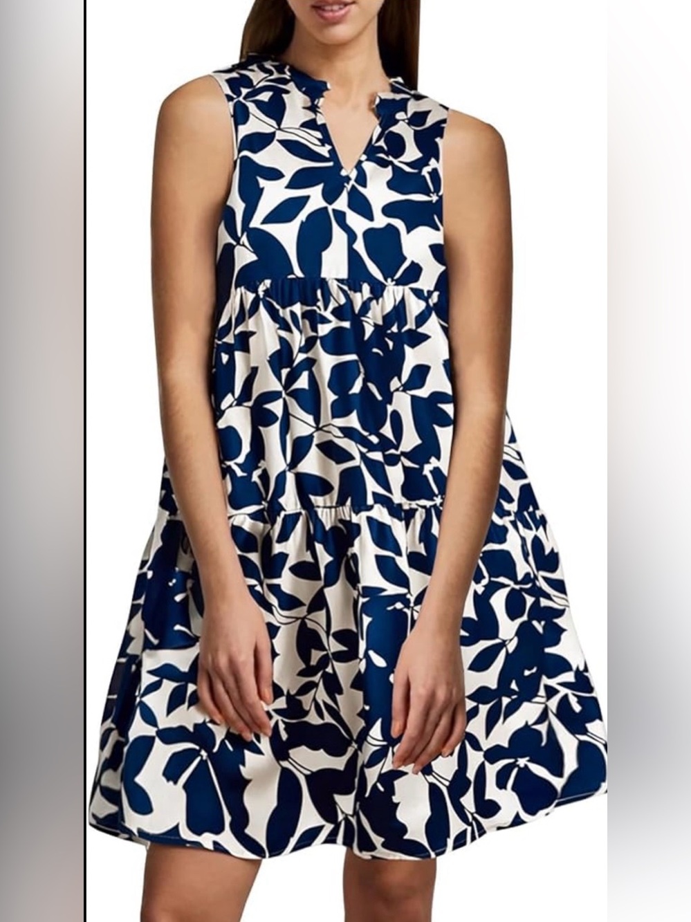 SHEIN Boho Short Dress Navy Blue & White — Leaf Print — Size S